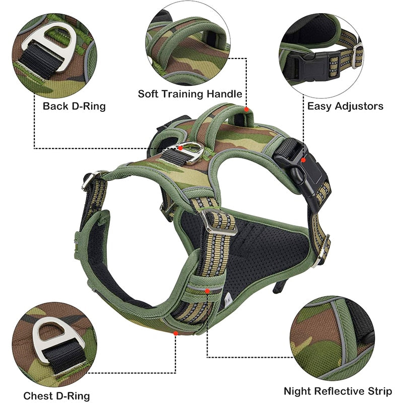 Benepaw Tactical No Pull Harness For Large Medium Dogs Durable Heavy Duty Camouflage Reflective Pet Harness Vest Control Handle