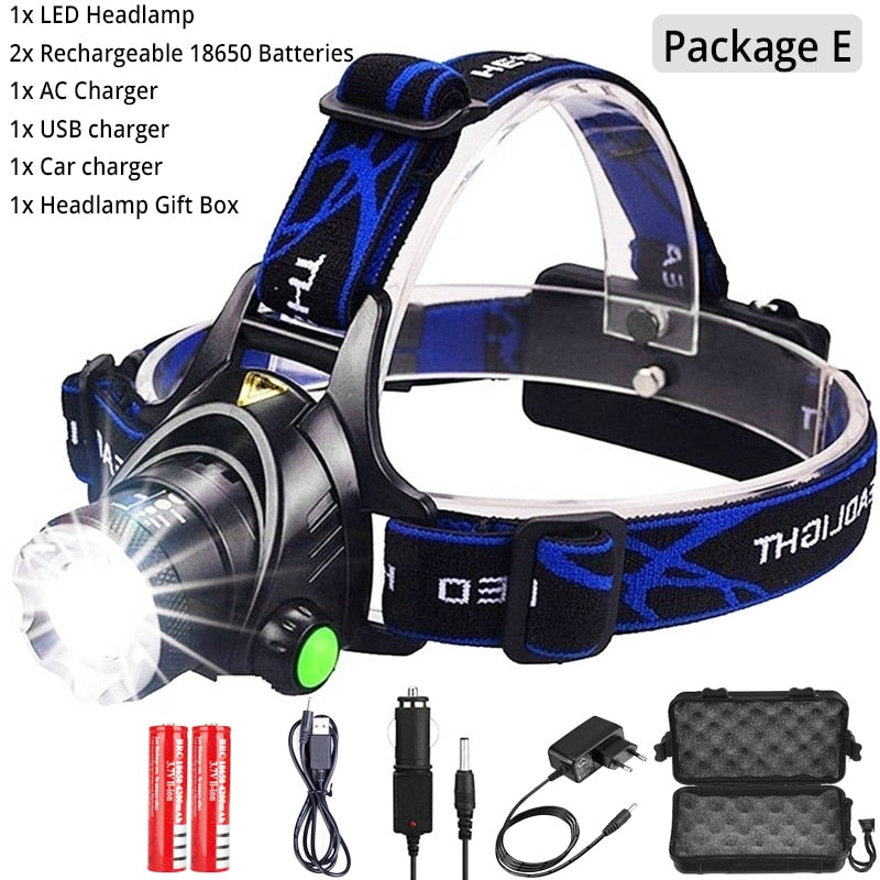 Powerful LED Headlamp 18650 DC Rechargeable Headlight Zoomable Head Lamp Waterproof Head Light High Lumens Head Flashlight