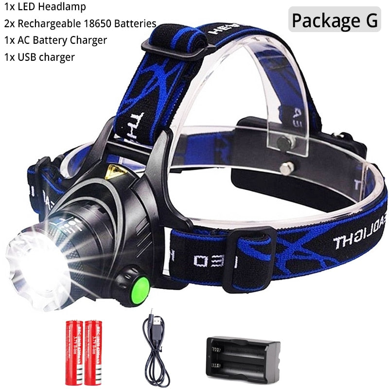 Powerful LED Headlamp 18650 DC Rechargeable Headlight Zoomable Head Lamp Waterproof Head Light High Lumens Head Flashlight