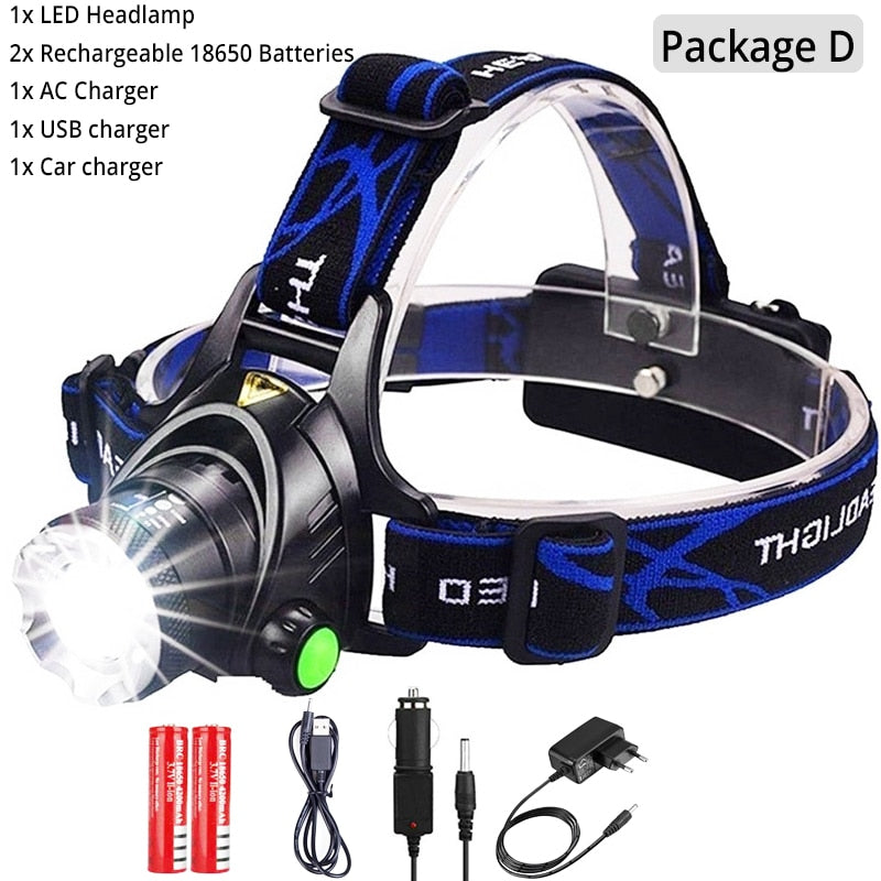 Powerful LED Headlamp 18650 DC Rechargeable Headlight Zoomable Head Lamp Waterproof Head Light High Lumens Head Flashlight