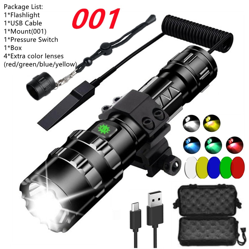 LED Tactical Hunting Torch Flashlight L2 18650 Aluminum Waterproof Outdoor Lighting with Gun Mount +Switch USB Rechargeable Lamp