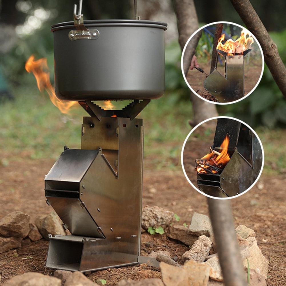 Stainless Steel Camping Stove Portable Outdoor Cooking Cookware Picnic BBQ Wood Burner Collapsible Burning Rocket Firewood Stove