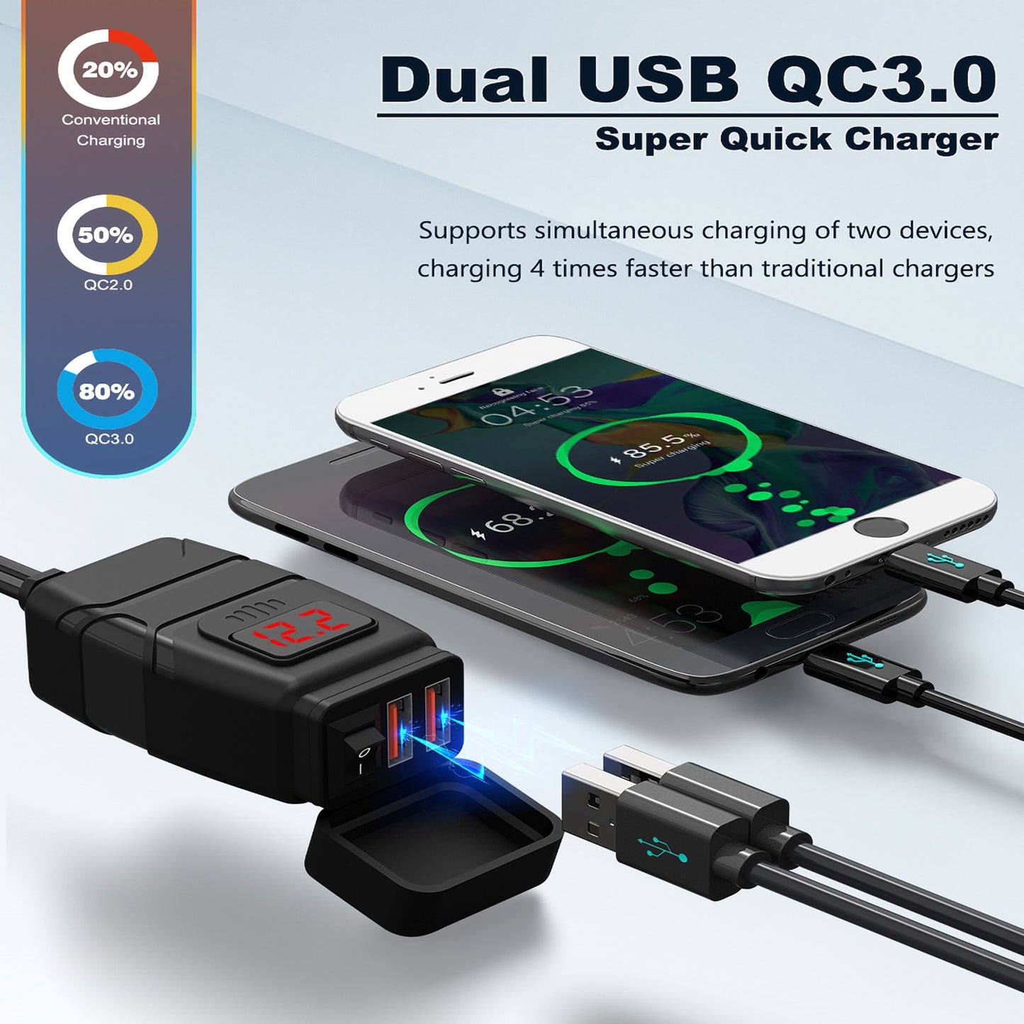 Powstation QC3.0 Motorcycle USB Charger Waterproof Cell Quick Charger Autocycle USB Socket With Voltmeter Motorcycle Accessories