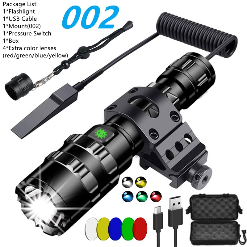 LED Tactical Hunting Torch Flashlight L2 18650 Aluminum Waterproof Outdoor Lighting with Gun Mount +Switch USB Rechargeable Lamp