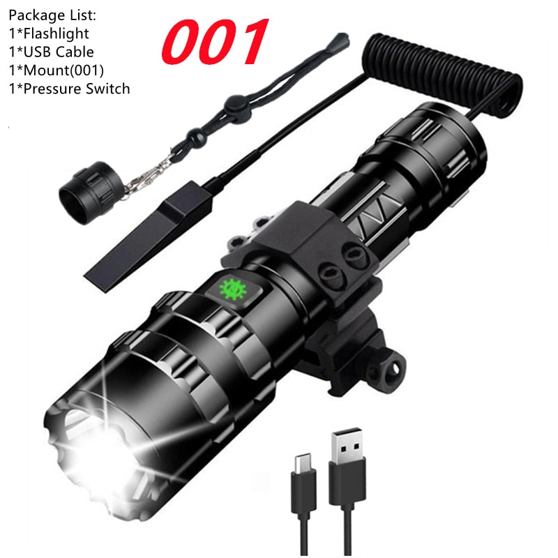 LED Tactical Hunting Torch Flashlight L2 18650 Aluminum Waterproof Outdoor Lighting with Gun Mount +Switch USB Rechargeable Lamp