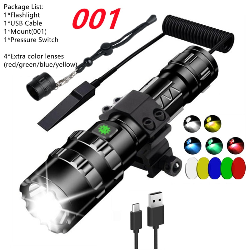 LED Tactical Hunting Torch Flashlight L2 18650 Aluminum Waterproof Outdoor Lighting with Gun Mount +Switch USB Rechargeable Lamp