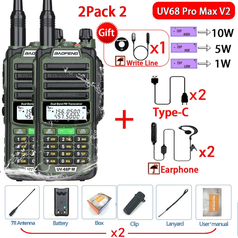 2023 Baofeng UV-68 Pro Max V2 10W IP68 Walkie Talkie Long Range Waterproof CB Two Way Radio UV9R UV5R Pro UV16 10R MAX Power