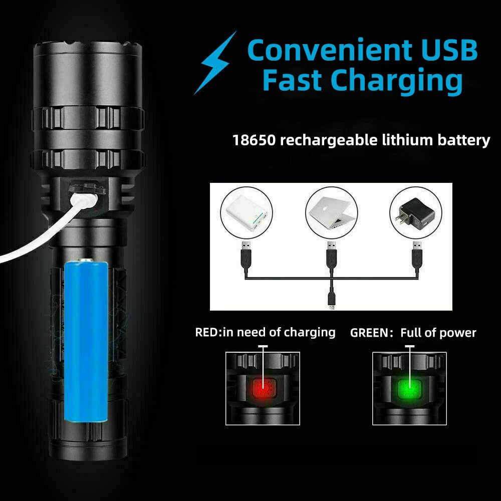 LED Tactical Hunting Torch Flashlight L2 18650 Aluminum Waterproof Outdoor Lighting with Gun Mount +Switch USB Rechargeable Lamp