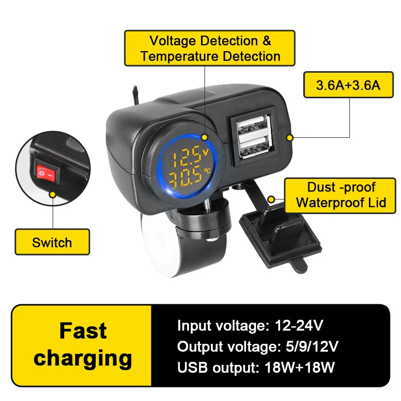 Powstation QC3.0 Motorcycle USB Charger Waterproof Cell Quick Charger Autocycle USB Socket With Voltmeter Motorcycle Accessories