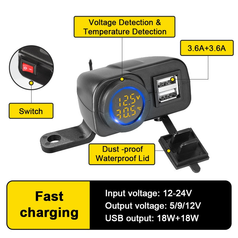 Powstation QC3.0 Motorcycle USB Charger Waterproof Cell Quick Charger Autocycle USB Socket With Voltmeter Motorcycle Accessories