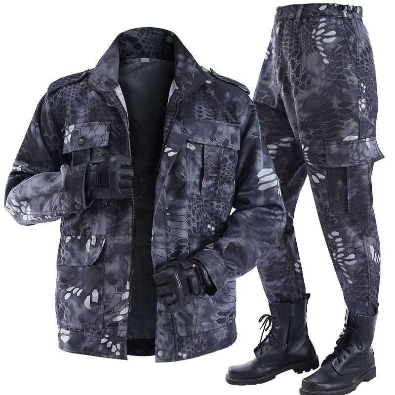 Men Spring Summer Tactical Thin Outdoor Camouflage Suit Jacket Pant Black Python Wear-resistant Overalls Sport Camping Clothing