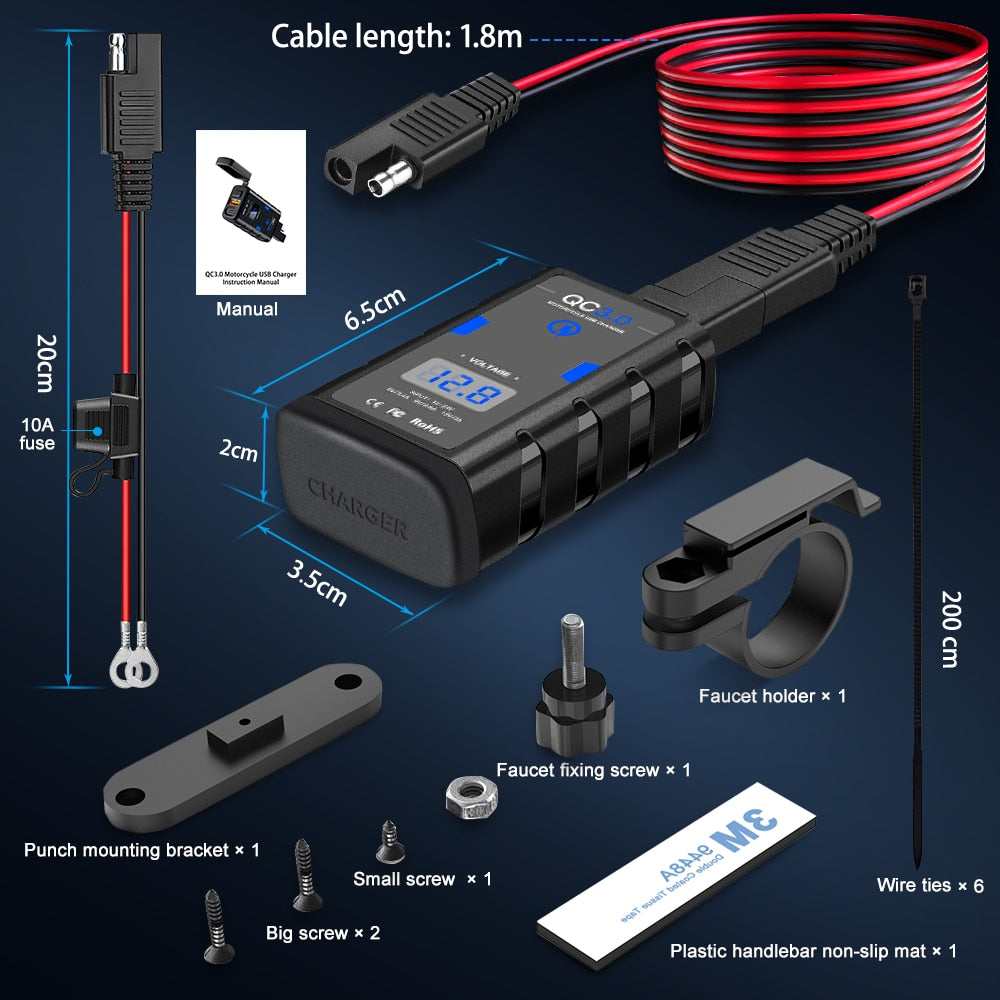 Extractme 6.8A QC3.0 Motorcycle USB Charger Waterproof 12V Power Supply Adapter with Switch Voltmeter Socket Moto Phone Charger