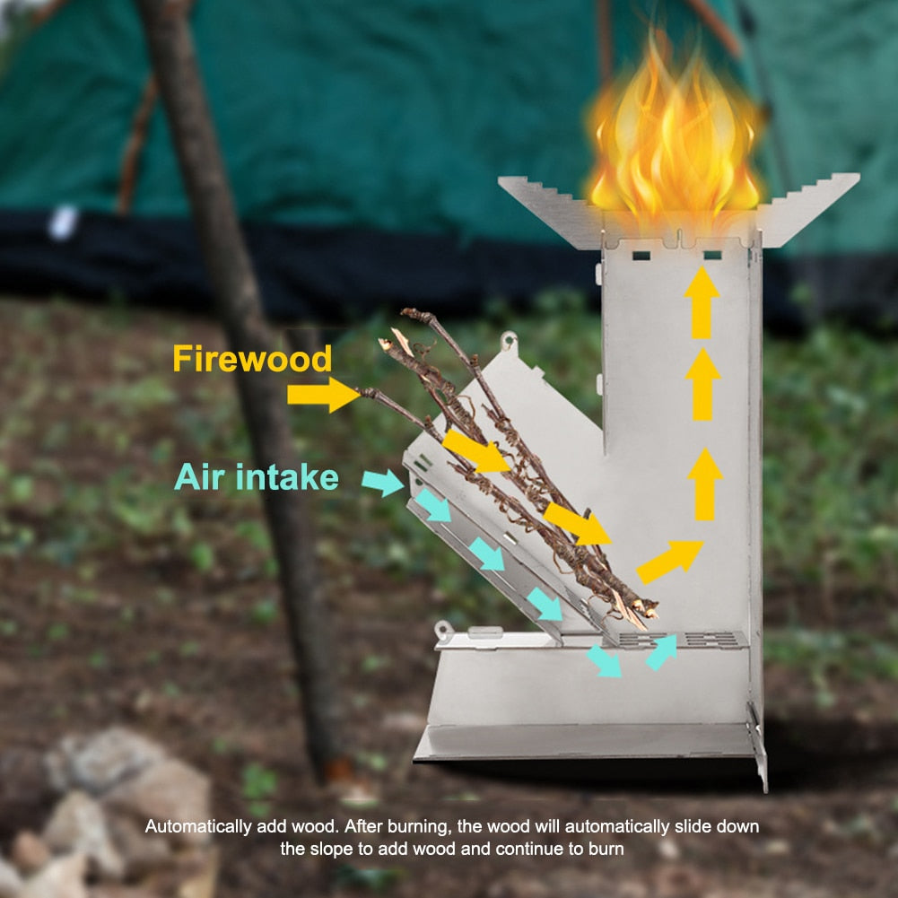 Stainless Steel Camping Stove Portable Outdoor Cooking Cookware Picnic BBQ Wood Burner Collapsible Burning Rocket Firewood Stove