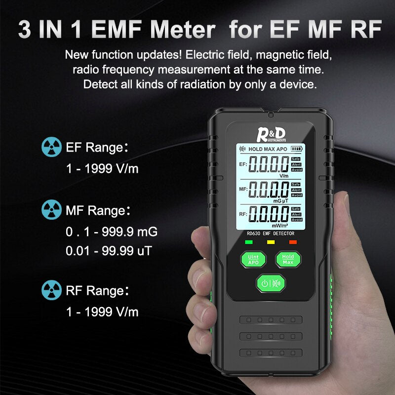 R&D RD630 Electromagnetic Field Radiation Detector Tester EMF Meter Multifunctional Handheld Portable Radio Frequency Warn Meter