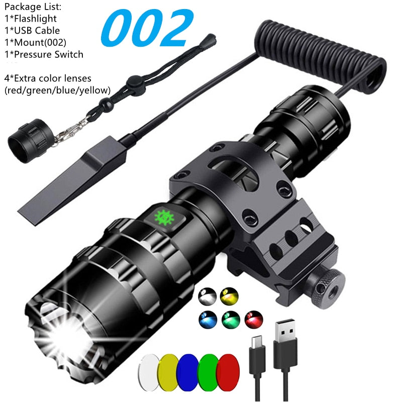 LED Tactical Hunting Torch Flashlight L2 18650 Aluminum Waterproof Outdoor Lighting with Gun Mount +Switch USB Rechargeable Lamp