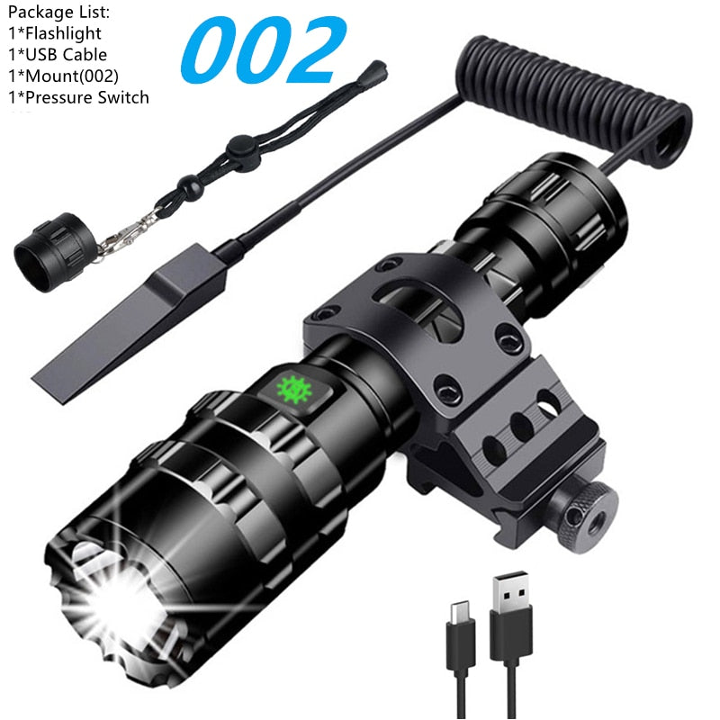 LED Tactical Hunting Torch Flashlight L2 18650 Aluminum Waterproof Outdoor Lighting with Gun Mount +Switch USB Rechargeable Lamp