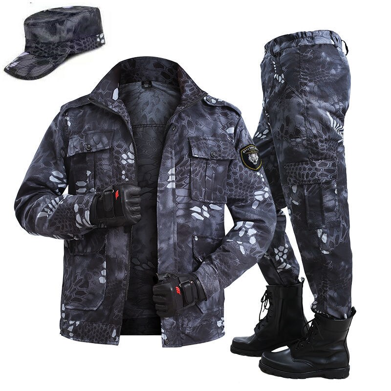 Men Spring Summer Tactical Thin Outdoor Camouflage Suit Jacket Pant Black Python Wear-resistant Overalls Sport Camping Clothing