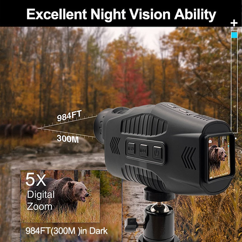 1080P Night Vision Monocular for Hunting Infrared 5x Digital Zoom Hunting Telescope with1.5&quot; Screen 32/64 IF Card Full Dark 300m