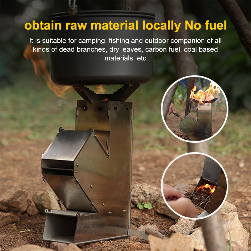 Stainless Steel Camping Stove Portable Outdoor Cooking Cookware Picnic BBQ Wood Burner Collapsible Burning Rocket Firewood Stove