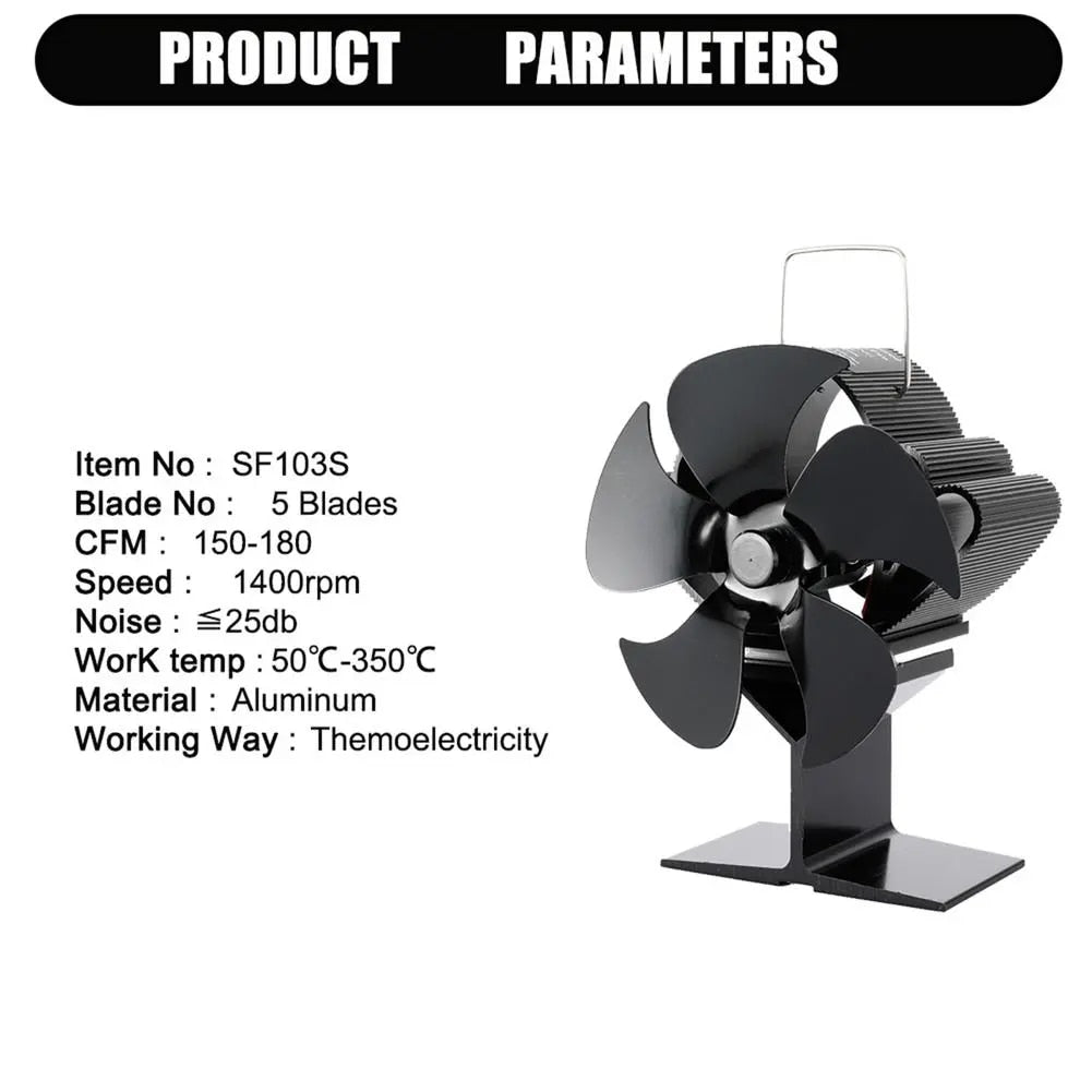 Black 5 Blades Fireplace Fan Quiet Safe Wood Burning Stove Ecofan Heat Powered Efficient Heat Distribution Home Fireplace