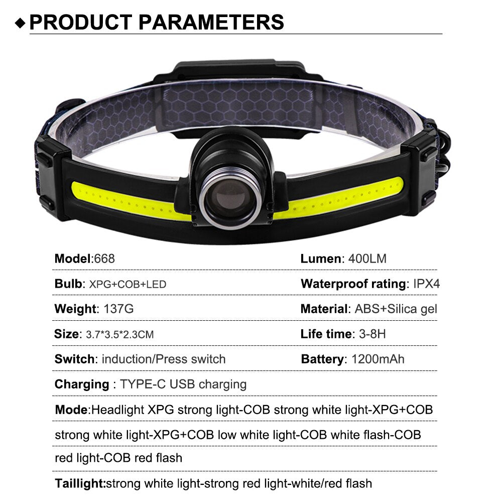 XPG+COB+LED Induction Headlamp 400LM Floodlight+Spotlight+Emergency 14 Modes Head Lamp Built-in Battery Rechargeable Waterproof