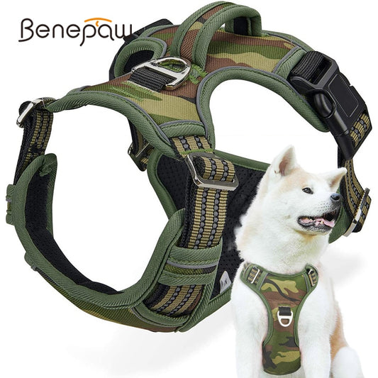 Benepaw Tactical No Pull Harness For Large Medium Dogs Durable Heavy Duty Camouflage Reflective Pet Harness Vest Control Handle