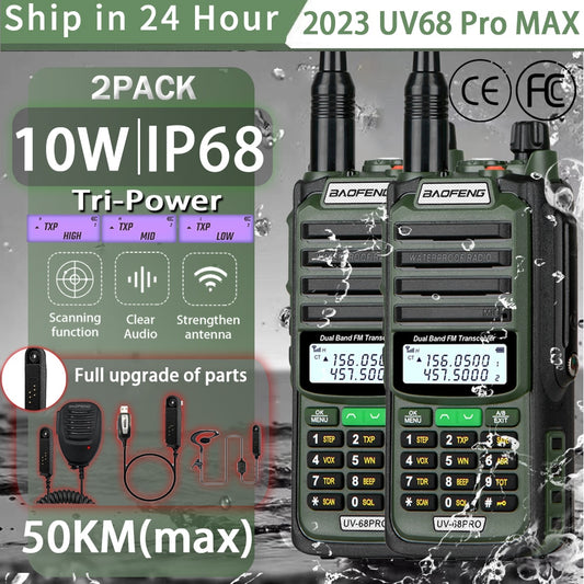 2023 Baofeng UV-68 Pro Max V2 10W IP68 Walkie Talkie Long Range Waterproof CB Two Way Radio UV9R UV5R Pro UV16 10R MAX Power