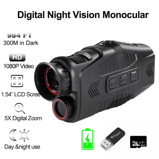 1080P Night Vision Monocular for Hunting Infrared 5x Digital Zoom Hunting Telescope with1.5&quot; Screen 32/64 IF Card Full Dark 300m